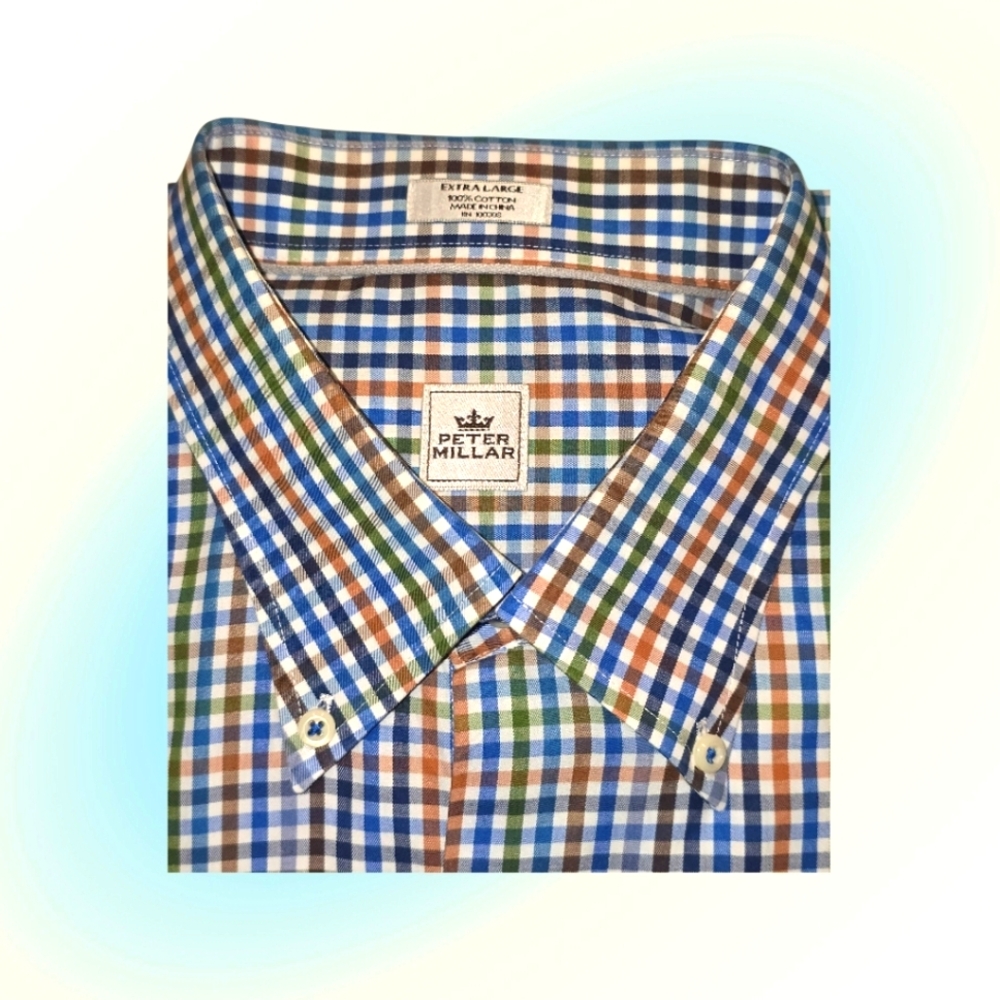 Peter Millar Blue and Orange Checkered Shirt
